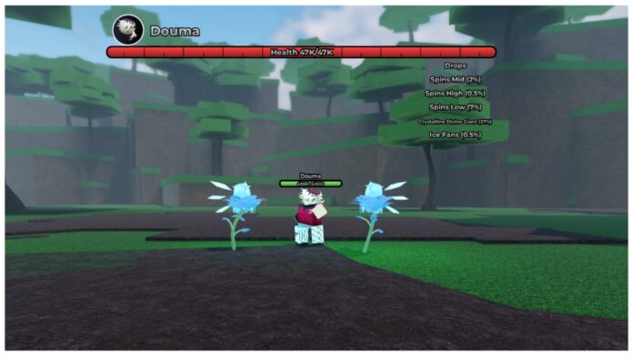 Feature image for our weak legacy 2 ice fan guide showing the douma boss next to ice flowers he summoned as he points to the viewer ready for combat