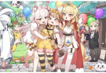 Who To Prioritise For Trickal Chibi Go Rerolls Feature image for our trickal chibi go rerolls guide showing three characters walking towards the screen with the one in the middle being pinched and taunted by the two on either side of them