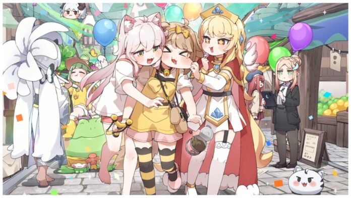 Feature image for our trickal chibi go rerolls guide showing three characters walking towards the screen with the one in the middle being pinched and taunted by the two on either side of them