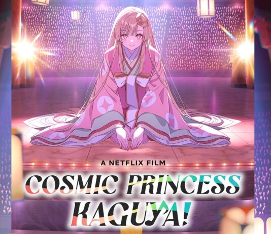 Netflix Announces New Anime Based on Japanese Folktale Cosmic Princess Kaguya! featured image for our news on Cosmic Princess Kaguya. It shows Princess Kaguya sitiing on the ground in a pink, shiny Kimono-style gown.