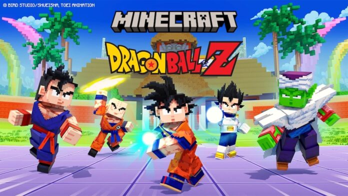 featured image for our news on Minecraft Dragon Ball Z DLC. It shows five Dragon Ball Z characters in the form of Minecraft characters.