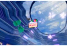 AFK Macro Anime Vanguards Cake Farm Feature image for our afk macro anime vanguards cake farm guide showing the spawn with fireworks and balloons blurred with a png of the cake in front of it