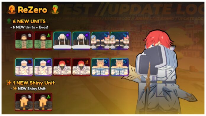 Feature image for our anime last stand update 75 tier list guide showing the new update log in-game with the rezero inspired units in icons on the front page