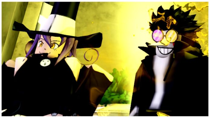 Feature image for our anime rangers x halloween codes guide showing a player dressed as spamton in a yellow room next to blair from soul eater in the roblox style.