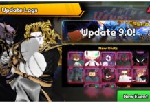 Anime Vanguards Update 9 Tier List Feature image for our anime vanguards update 9 tier list showing the new update 9 banner with every units icons and dio with his stand posing on the left.