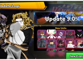 Anime Vanguards Update 9 Tier List Feature image for our anime vanguards update 9 tier list showing the new update 9 banner with every units icons and dio with his stand posing on the left.