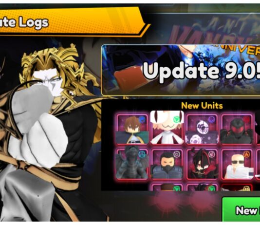 Anime Vanguards Update 9 Tier List Feature image for our anime vanguards update 9 tier list showing the new update 9 banner with every units icons and dio with his stand posing on the left.
