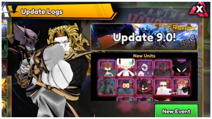 anime-vanguards-update-9-tier-list Feature image for our anime vanguards update 9 tier list showing the new update 9 banner with every units icons and dio with his stand posing on the left.