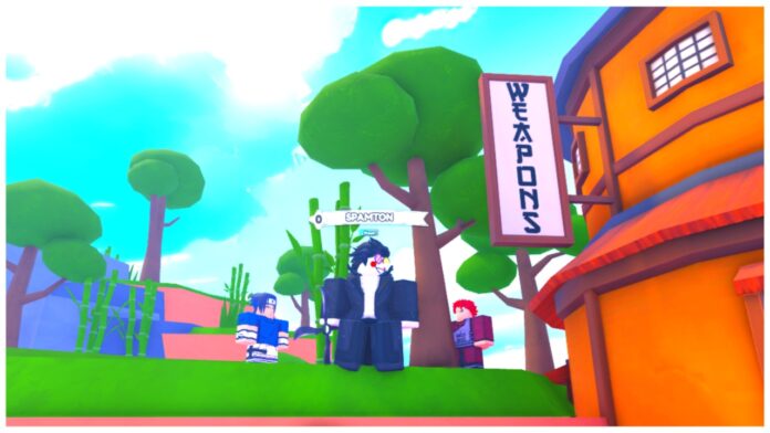 Feature image for our anime weapons weapons tier list showing a player stood next to an orange circular building with a WEAPONS banner