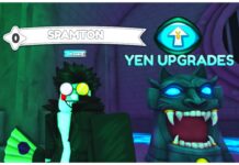 What Are All The Anime Weapons Yen Upgrades? Feature image for our anime weapons yen upgrades guide showing a player dressed as spamton from deltarune next to the yen upgrades monument which is a blue demon-like face with sharp teeth and glowing blue eyes
