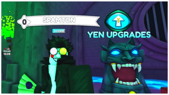 Feature image for our anime weapons yen upgrades guide showing a player dressed as spamton from deltarune next to the yen upgrades monument which is a blue demon-like face with sharp teeth and glowing blue eyes
