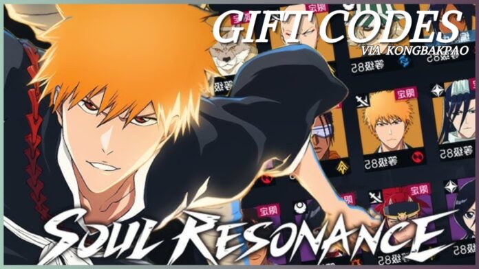 bleach-soul-resonance-codes Feature image for our bleach soul resonance codes guide showing ichigo looking determined at the viewer with a portrait of several in-game characters behind him in a register fashion. On the image reads GIFT CODES VIA KONGBAKPAO and SOUL RESONANCE in white