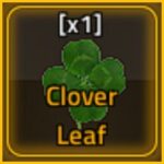 image depicts the clover leaf relic, a green four-leaved clover, inside a glowing orange box