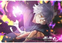 Hells Paradise Battle Tier List Feature image for our hells paradise battle tier list showing gabimaru leaning towards the viewer with an intense expression and his hand held in a claw-like position behind him with a purple aura growing in the middle of his palm