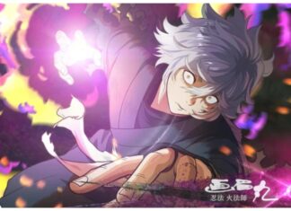 Hells Paradise Battle Tier List Feature image for our hells paradise battle tier list showing gabimaru leaning towards the viewer with an intense expression and his hand held in a claw-like position behind him with a purple aura growing in the middle of his palm