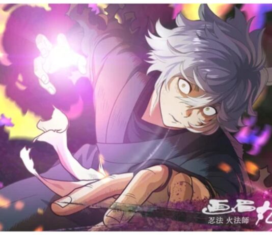 Hells Paradise Battle Tier List Feature image for our hells paradise battle tier list showing gabimaru leaning towards the viewer with an intense expression and his hand held in a claw-like position behind him with a purple aura growing in the middle of his palm