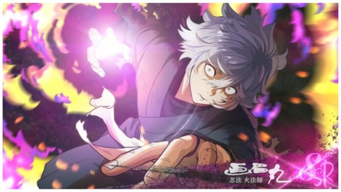 hells-paradise-battle-tier-list Feature image for our hells paradise battle tier list showing gabimaru leaning towards the viewer with an intense expression and his hand held in a claw-like position behind him with a purple aura growing in the middle of his palm