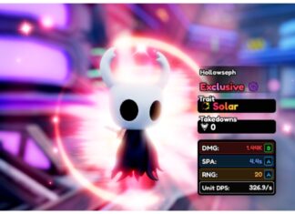 How To Evolve Hollowseph in Anime Vanguards Feature image for our how to evolve hollowseph in anime vanguards guide showing the hollow knight unit with a red aura behind him in the preview window