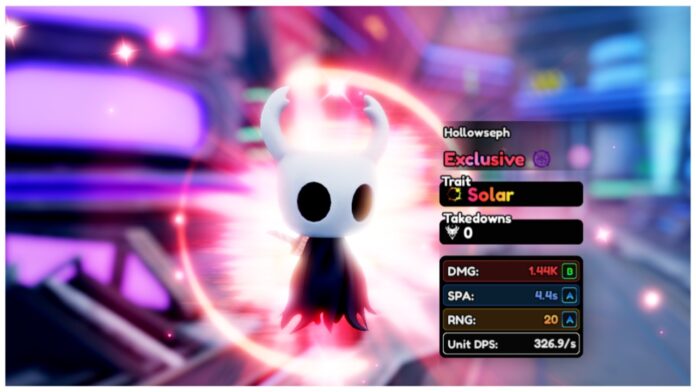 how-to-evolve-hollowseph-in-anime-vanguards Feature image for our how to evolve hollowseph in anime vanguards guide showing the hollow knight unit with a red aura behind him in the preview window