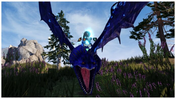 Feature image for our how to train your dragon traits tier list showing a skrill with its jaw open as it roars whilst standing in lush grass surrounded by flowers