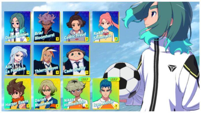 Feature image for our how to unlock heroes quickly in inazuma eleven victory road guide showing a series of character icon boxes on the left with a main png cutout of the first character on the right holding a football and looking to the icons