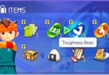 How To Farm Inazuma Eleven Victory Road Beans Feature image for our inazuma eleven victory road beans guide showing an inventory with the beans highlighted and a character stretching his arms on the left