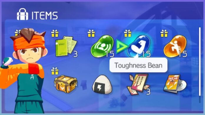 inazuma-eleven-victory-road-beans Feature image for our inazuma eleven victory road beans guide showing an inventory with the beans highlighted and a character stretching his arms on the left
