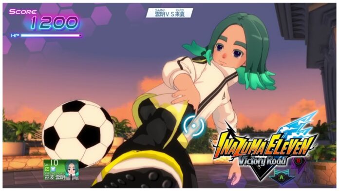Feature image for our inazuma eleven victory road levelling guide showing unmei gliding across the floor to kick a football
