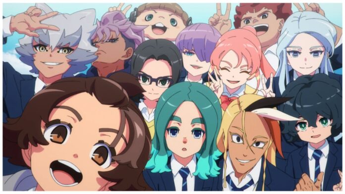 Feature image for our inazuma eleven victory road tier list showing an array of characters looking to the viewer as though crowding and posing for a picture together. Most characters are smiling, with only the dead centre character looking shocked