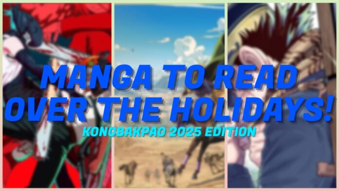 Feature image for our manga to read over the holidays feature with three blurred illustrations of my picks with the title over the top