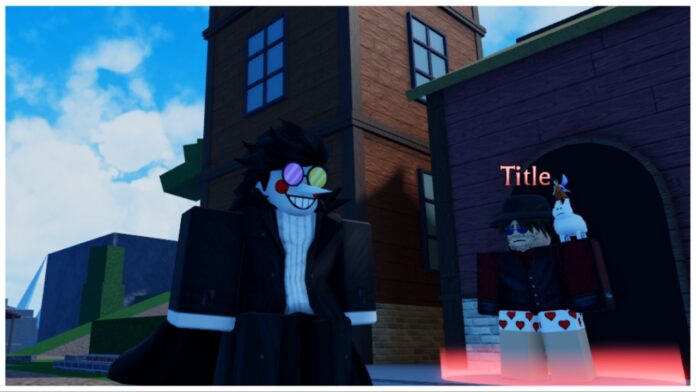 Feature image for our rogue piece builds guide showing a player dressed as spamton next to the title npc
