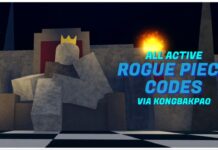 All Active Rogue Piece Codes – QOL UPD Feature image for our Rogue Piece Codes guide showing the stone king statue at the boss summoning isle. The Stone king is crossing one leg over the other, resting his head in his stone hand. On the right in blue it reads "ALL ACTIVE ROGUE PIECE CODES VIA KONGBAKPAO"