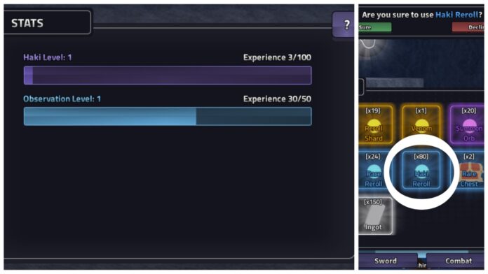 rogue-piece-haki Feature image for our rogue piece haki guide showing the stats page for a player who has both hakis unlocked, and then a haki reroll in an inventory on the right.