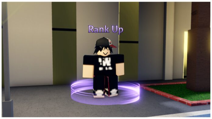 Feature image for our rogue piece ranks guide showing the rank up npc at rogue town in front of a tall modern skyscraper. He is looking off to the side with a smile whilst wearing all black attire.