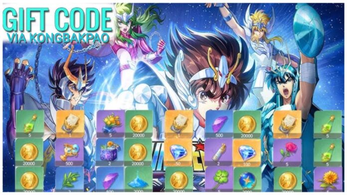 saint-seiya-ex-codes Feature image for our saint seiya ex codes guide showing a vibrant blue background with several game characters leaning behind a series of tiles with different reward items inside