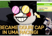 Uma Racing Character Tier List – Ranked With Reasons Feature image for our uma racing character tier list showing a player dressed as spamton with an arrow pointing to a roblox avatar of oguri cap and yellow lettering reading "I BECAME OGURI CAP IN UMA RACING"