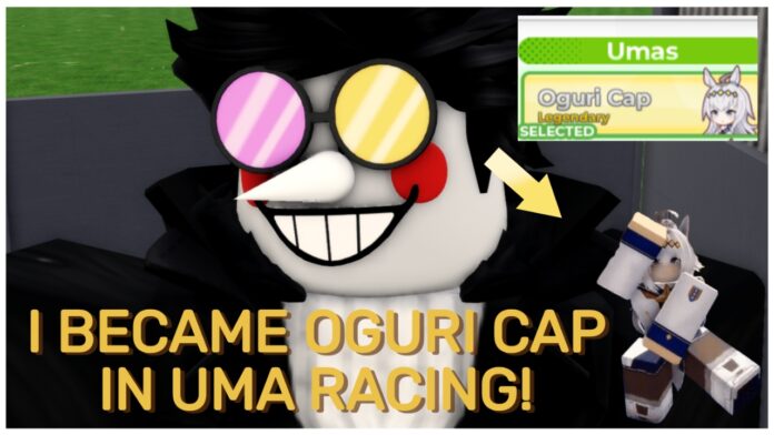 Feature image for our uma racing character tier list showing a player dressed as spamton with an arrow pointing to a roblox avatar of oguri cap and yellow lettering reading 
