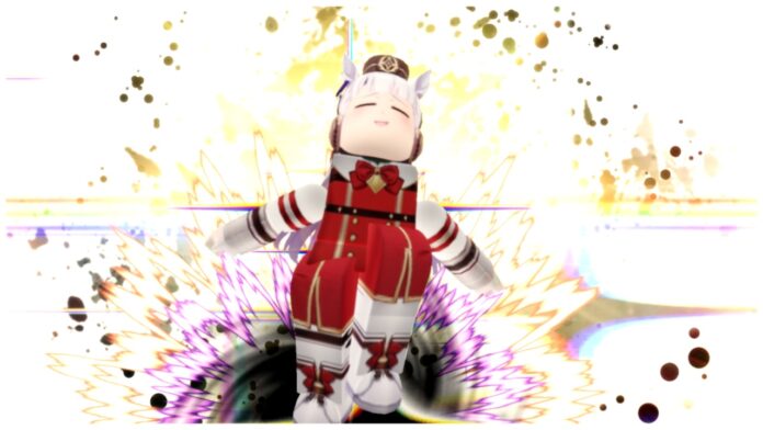 Feature image for our uma racing mechanics guide showing a roblox player dressed as gold ship lunging forwards with a smile on her face as she enters her zone
