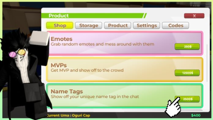 Feature image for our uma racing name tags guide showing a player dancing on the shop screen with a hand pointing to the buy button for the name tags