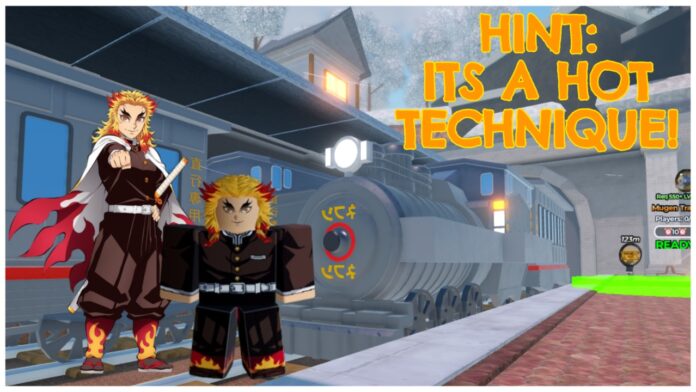 Feature image for our weak legacy 2 best breathing styles for dungeons guide showing the muden train raid platform with the rengoku trainer npc and a png of the real rengoku on the left.