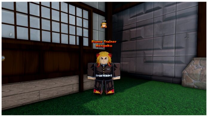 Feature image for our weak legacy 2 flame breathing v2 guide showing the rengoku trainer npc in front of a building at spawn