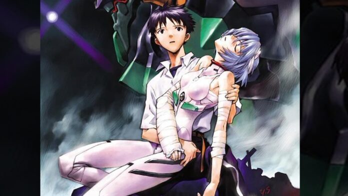 featured image for our news on Neon Genesis Evangelion Short Anime. It shows a guy holding a female robot humanoid while she's passed out.
