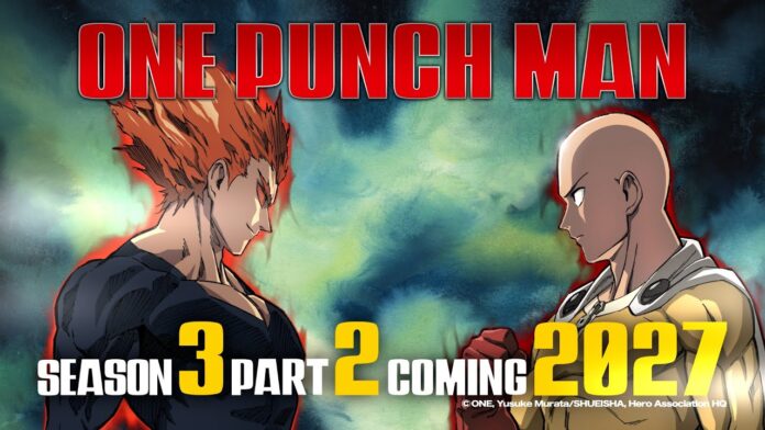 featured image for our news on One-Punch Man Season 3 Part 2. It shows Saitama and Monster King Orochi.