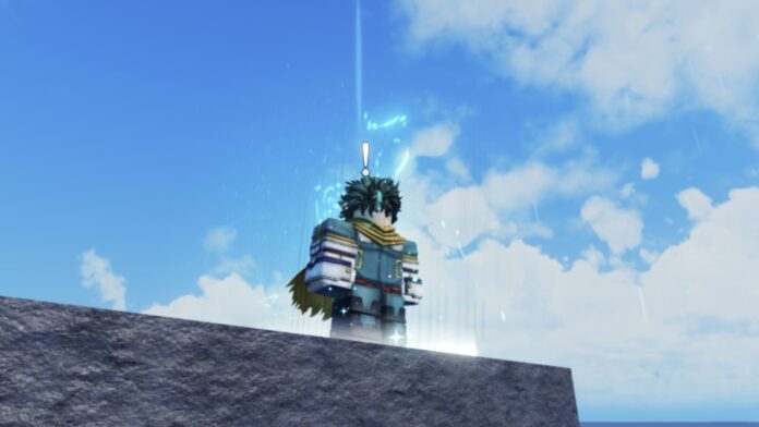 Rogue-Piece-One-For-All Feature image for our Rogue Piece One For All guide showing an NPC on top of a rock looking down while being covered in blue light.