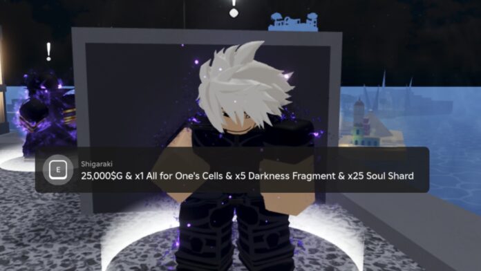 Rogue-Piece-Shigaraki Feature image for our Rogue Piece Shigaraki guide showing an NPC standing in a white circle looking at the player.