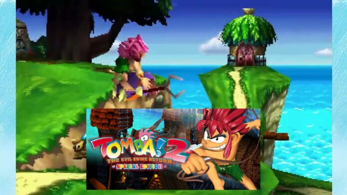 featured image for our news on Tomba 2: The Evil Swine Return Special Edition. It shows a pixelated scenery and a logo of the game with the main character.