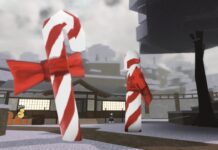 Weak Legacy 2 Ghost Katana – Obtainment and Moveset Feature image for our Weak Legacy 2 Ghost Katana guide showing two large candy canes in front of a house in a snowy village.