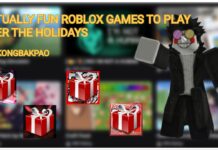 Actually Fun Roblox Games to Play Over the Holidays Feature image for our actually fun roblox games to play over the holidays feature showing the authors avatar over a blurred roblox homepage pointing at four gifts just covering the images of the four games chosen for this article