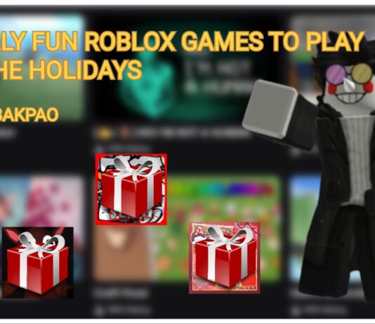 Actually Fun Roblox Games to Play Over the Holidays Feature image for our actually fun roblox games to play over the holidays feature showing the authors avatar over a blurred roblox homepage pointing at four gifts just covering the images of the four games chosen for this article
