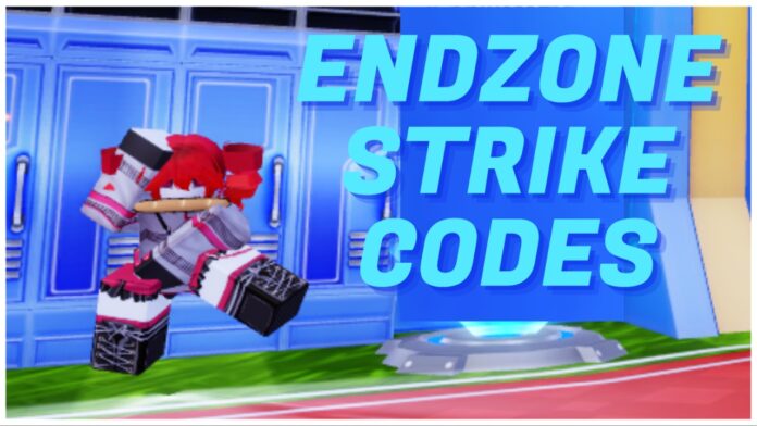 Feature image for our endzone strike codes guide showing a player doing the fortnite L emote with the article title next to them in blue